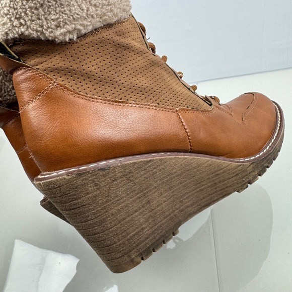 Rouge‎ Women Size 8.5 Brown Faux Leather Wedge Ankle Boots Lace Up Side Zip - Picture 8 of 14